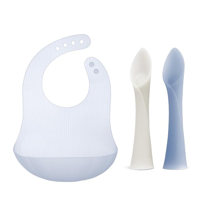 Olababy Training Spoon Set (Pearl/Blueberry) + Fold N Go Silicone Baby Bib w Travel Case (Blueberry)
