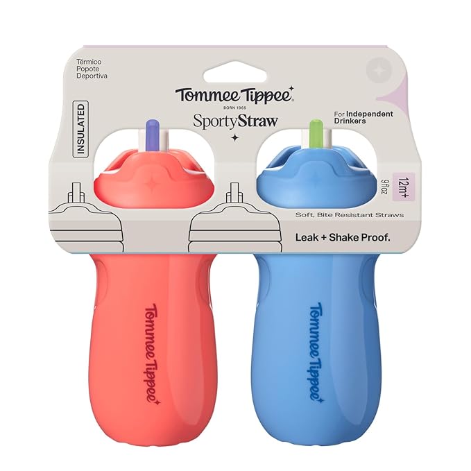 Tommee Tippee Insulated Sporty Spill-Proof Straw Cup, 12 Months+, 9oz, Toddler Training Sippy Cup, Sporty Carry Handle, Bite Resistant Spout, Flip Lid Keeps Straw Clean, Pack of 2, Blue and Red
