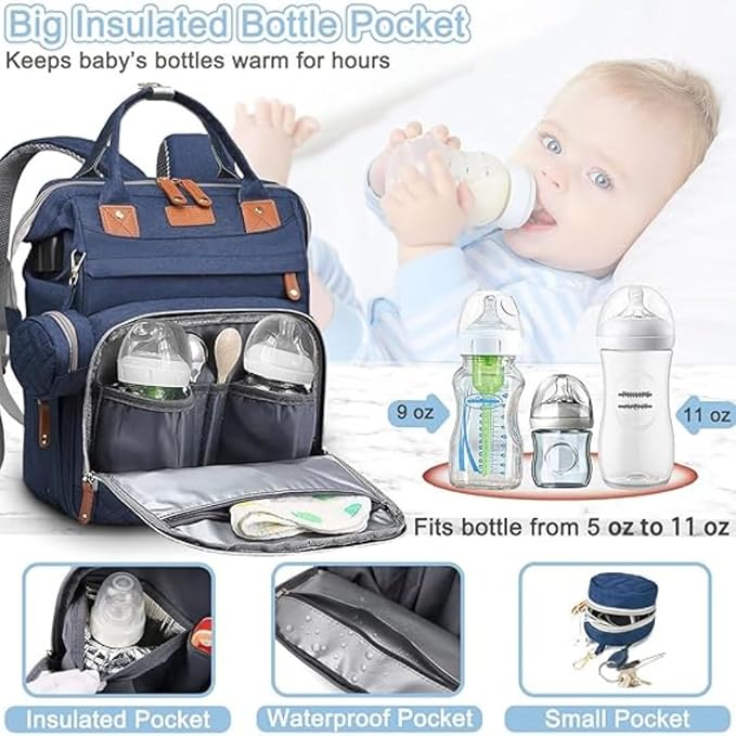 Diaper Bag With Changing Pad, Travel Waterproof Bagpack Diaper Bag For Mom Dad With USB Charging Port, Large Capacity & Multifunctional With Insulated Pacifier Case -Dark Blue