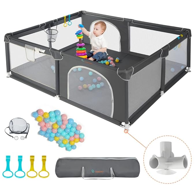 COMOMY Baby Playpen for Toddlers, 79" x 63" Extra Large Playard, Safe and Non-Slip Baby Fence, Full Mesh Design, Indoor & Outdoor Kids Activity Center, Babies Play Pens (Dark Grey)