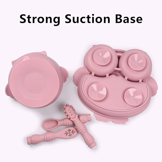 Owl Shape Silicone Baby Feeding Set, Toddler Suction Plates and Bowls Set with Spoons, Kids Silicone Dinnerware Set Eating Utensils, Pink