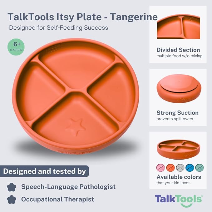TalkTools Itsy Plate Must-Have Silicone Baby Plates with Suction | Non-Toxic Toddler Feeding Plate | Divided Portion | BPA-Free, Easy-Clean, Travel-Friendly Baby Dishware - Made in USA (Tangerine)