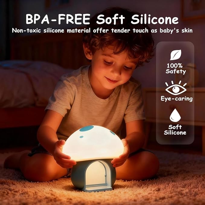 Kids Night Light, Mushroom Bunny Silicone Nursery Lamp, Tap Control 3-Level Dimmable, 30/60Min Timer, 1200mAh Rechargeable Cordless LED Bedside Sleep Light for Toddler Baby Bedroom (Blue)