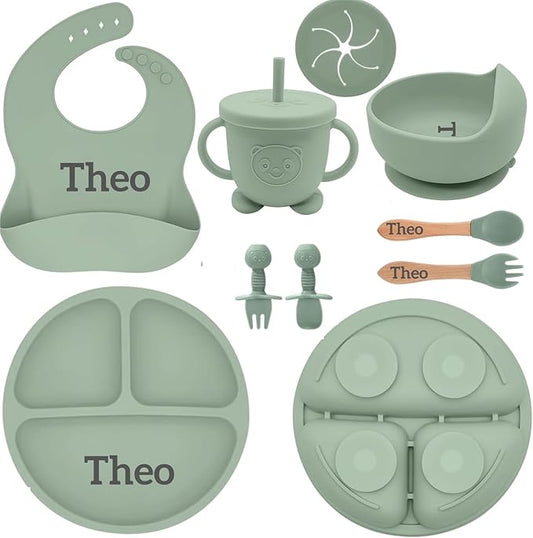 Personalized Silicone Baby Feeding Set with Engraved Name - Custom Baby Bib, Suction Plate, Bowl and Spoon - Silicone Weaning Set - Ideal First Birthday
