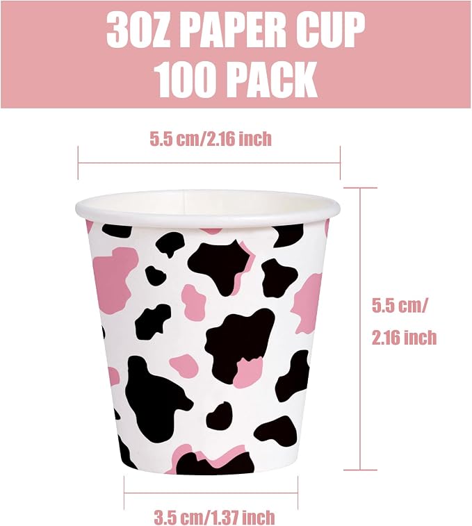 WRAPAHOLIC 3oz Paper Cups - 100 Pack Disposable Bathroom Cups with Pink Cow Design, Small Mouthwash Cup for Toothbrush Rinse, Home Bathroom, Picnic, BBQ, Travel and Party