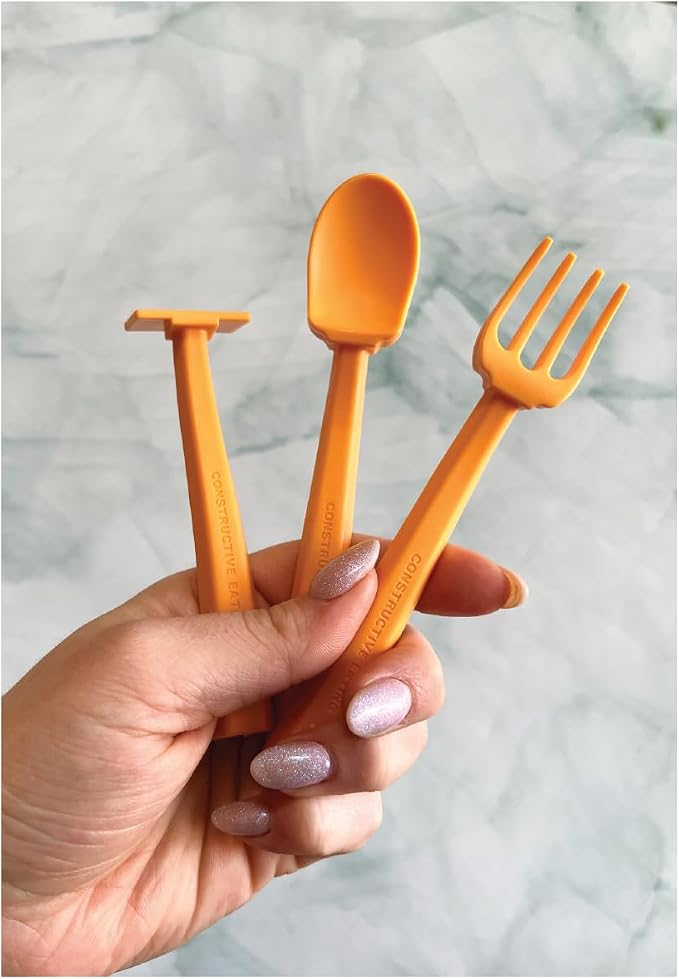 Constructive Eating Training Utensils - Made in USA - Hard Hat Orange - Construction