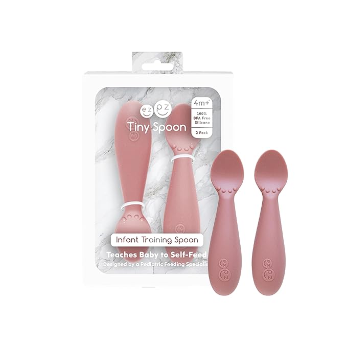 ezpz Tiny Cup (Blue) + Tiny Spoon (2 Pack in Blush) - baby essentials, cup and spoon