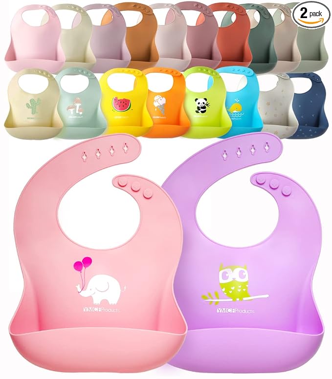 2-Pack Waterproof Silicone Baby Bib Lightweight Comfortable Easy-Wipe Clean (Purple/Light Pink, Large)