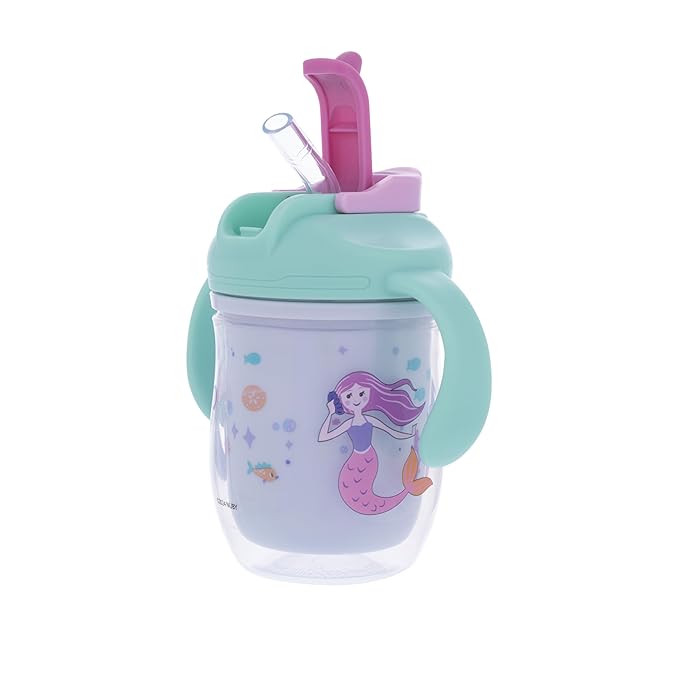 Nuby 2-in-1 Insulated Toddler Cup with 360° Weighted Straw & Hard Spout - 7 oz - Leak-Resistant with Easy Grip Handles - 4+ Months - Mermaids