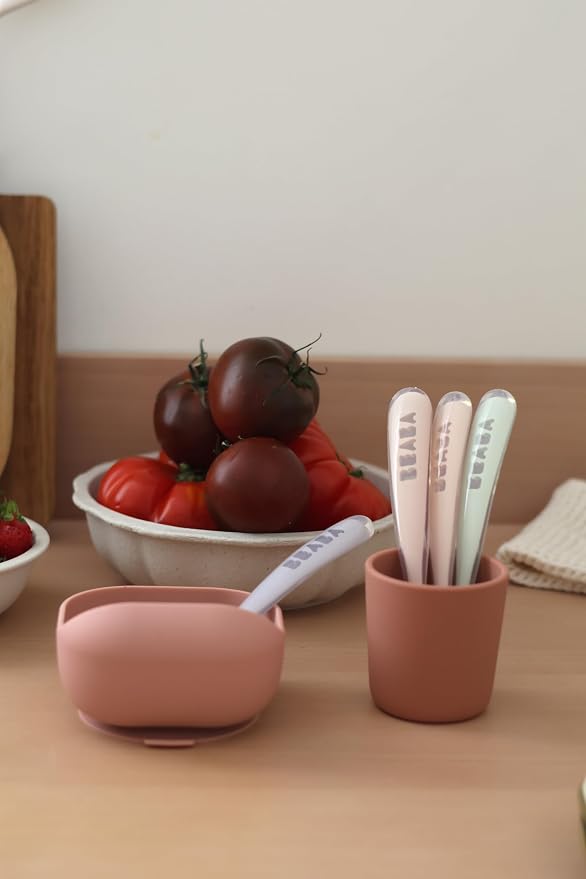 BEABA First Stage Baby Feeding Spoon Set, The Original Soft Tip Silicone Spoons for Babies, Gum Friendly BPA Lead Phthalate and Plastic Free, Great Gift Set (4 Pack), Rose