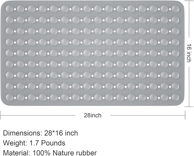 Bath Mat for Tub Shower Mat Non Slip Kids Rubber Shower Tub Mat, 100% Natural Rubber no Plastic Odors Perfect for Baby and Elder, Strong Suction Cups, Textured Mat Surface, 28 X 16 inches, Grey