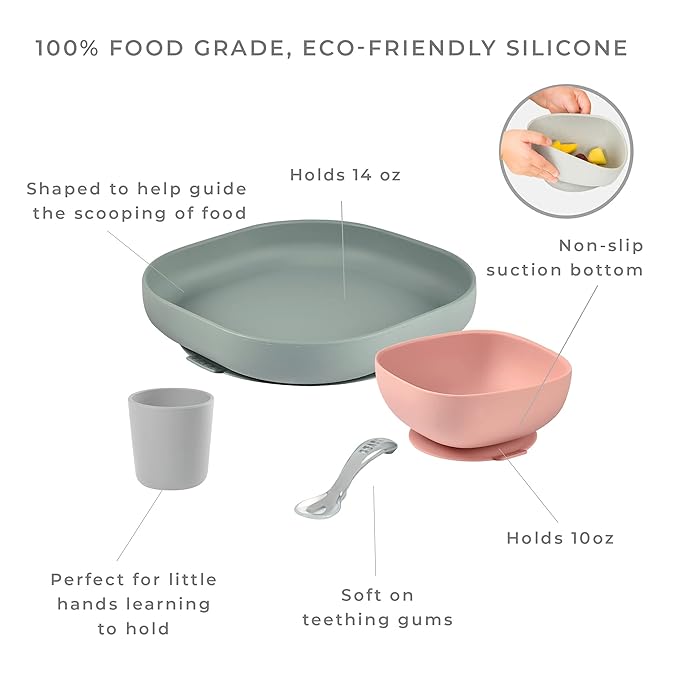 BEABA Silicone 4 Piece Baby Feeding Set, Suction Plates for Baby, High Grade Food Safe Silicone, Baby Must Haves, Eucalyptus