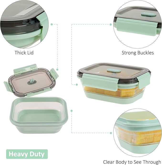 Collapsible Food Storage Containers with Lid & Air Vent, Clear Stacking Silicone Collapsible Food Container Set, Microwave Freezer Dishwasher Safe Space-Saver, Set of 4, Mint Green