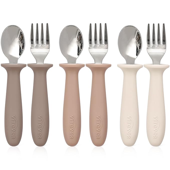 6 Pieces Toddler Utensils, Children Silverware Set with Silicone Handle, Kids Safe Spoons and Forks, Dishwasher Safe, 18/8 Stainless Steel, Food-grade Silicone，BPA Free - Tan