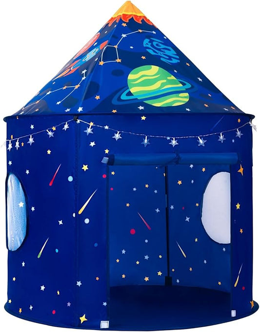 Rocket Space Ship Play Tent for Kids with Star Lights, Astronaut Themed Pop-Up Playhouse for Indoor & Outdoor, Foldable Space Adventure Gift for Boys and Girls