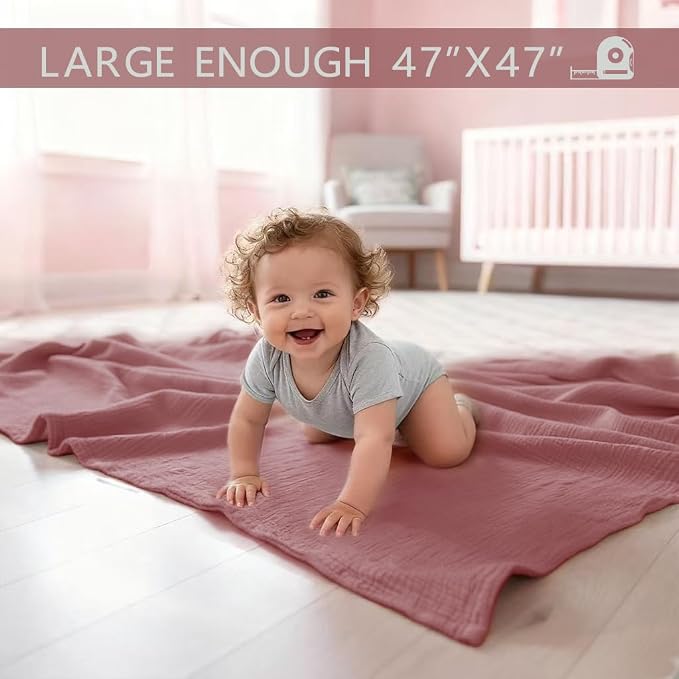 Muslin Swaddle Blankets for Baby Girl - 3 Pack 47x47 Inch Large Receiving Blankets, Soft Breathable Cotton Nursery Swaddles for Newborn, Infant & Todler, Pink