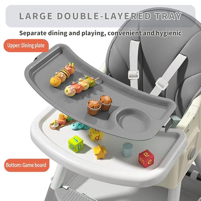 High Chairs for Babies and Toddlers, 4 in 1 Convertible Baby High Chair, Portable High Chair for Travel with Adjustable Height and Back, Foldable HighChair with Wheels& Pu Cushion (Grey)