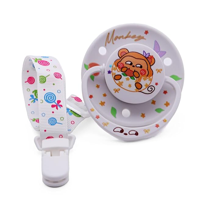Cute White Monkey Comfort Soother with Clip & Reusable Storage Case, Large Round Shield Design for Relaxation, Sleep Support & Sensory Comfort, Kawaii Peach Monkey Style
