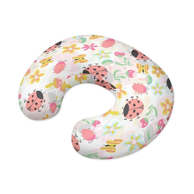 Forchrinse Pink Ladybug Floral Nursing Pillow Cover for Baby Girls Soft Ladybug Breastfeeding Pillow Cover Washable Infant Feeding Cushion Cover, Medium