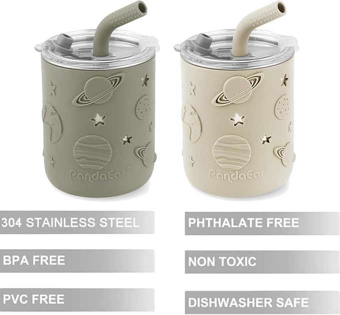 PandaEar 2 Pack Stainless Steel Cups with Lids & Silicone Sleeves | 8.8 oz Spill Proof Sippy Cups with Straw Stopper & Teething-Friendly Straws for Kids Children Ages 3+ (Beige & Khaki)