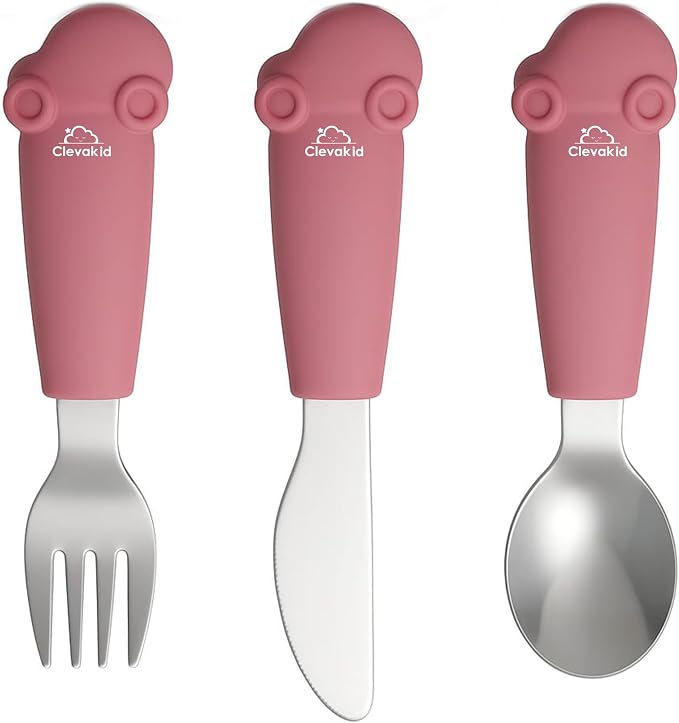 Stainless Steel Silverware Set – Silicone Handle Fork, Spoon & Knife – BPA-Free, Self-Feeding Toddler Utensils | Car Design (Pink Candy)