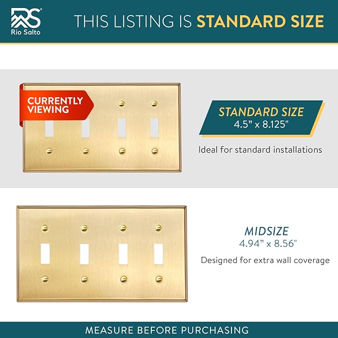 Rio Salto STANDARD SIZE Modern Metal Toggle Gold Light Switch Cover Wall Plate Corrosion Resistant Duplex Receptacle Wallplate Covers 4 Gang Brushed Brass Togle Switch 4-Gang (2-Pack)