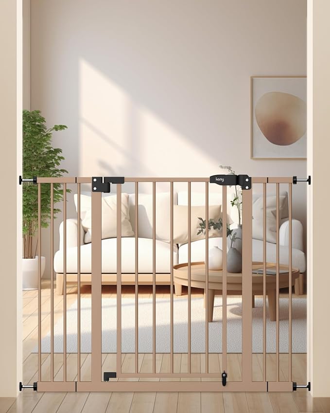 keny 29"-42.5" Baby Gate for Stairs, Auto Close Safety Dog Gate, Pressure Mounted Easy Walk Through Pet Gate for Doorways, Durable Stair Gate, 30" Tall, Brown