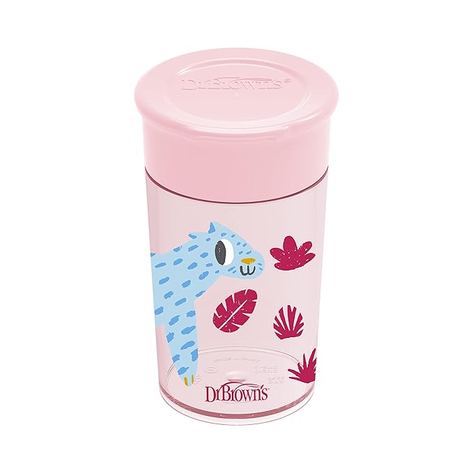 Dr. Brown's Milestones Cheers 360 Spoutless Transition Cup, Travel Friendly and Leak Free Sippy for Babies and Toddlers, Pink Animals, BPA-Free, 10 oz/300 mL, 9m+, 1-Pack