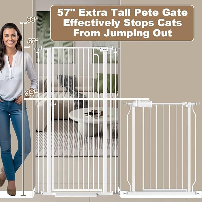 57" Extra Tall Cat Gate for Doorways, 38.58'' - 43.31'' Wide High Pressure Mounted Dog Gate, Tall Pet Gates for Doorways No Drilling, Auto Close Safety Baby Gates for Dogs Cats(White)