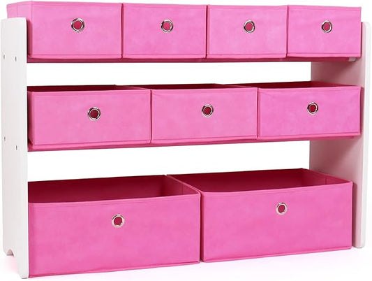 Humble Crew Toy Storage Organizer with 9 Removable Fabric Bins, White/Pink ??Premium Playroom Toy Organizer for Toddlers Ideal for Kids' Rooms, Playrooms, and Nurseries - Modern Toy Bins for Kids