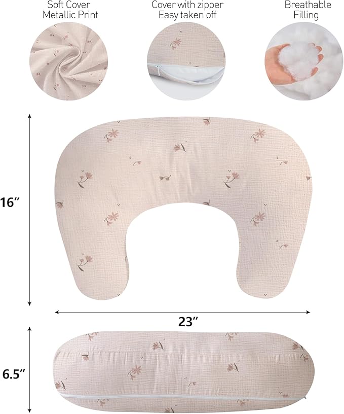 Little Grape Land Muslin Nursing Pillow, Soft 100% Cotton Breastfeeding Pillow with Breathable Cotton Removable Cover, Fog Flower Breast Feeding Pillows for Babies 0-12 Months with Protective Zipper