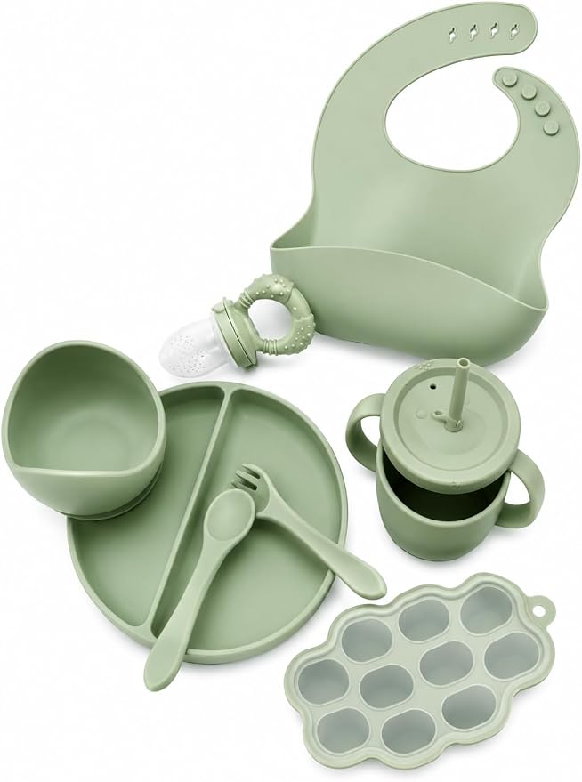 8 PCS Baby Feeding Set - Suction Plate, Bowl, Bib, Spoon, Fork, Fruit Feeder & Food Freezer Tray for Babies.