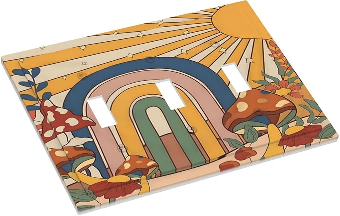 Boho Sun Rainbow Mushroom Hippie Vintage Floral Decorative Switch Plates 3 Gang Wall Plate Triple Toggle Light Switch Cover Faceplate Electrical Wall Panels for Kids Room Nursery Decor