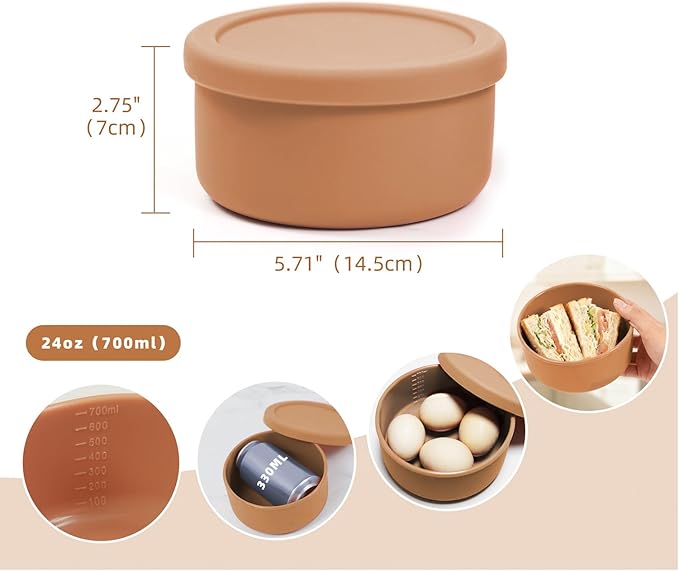 XU&PEIQI 24fl oz (700ml) Silicone Food Storage Containers, Round Bowls with Lids - Kitchen Serving, Salad & Lunch Containers - Airtight, BPA-Free, Microwave, Fridge & Dishwasher Safe (Brown,3P)