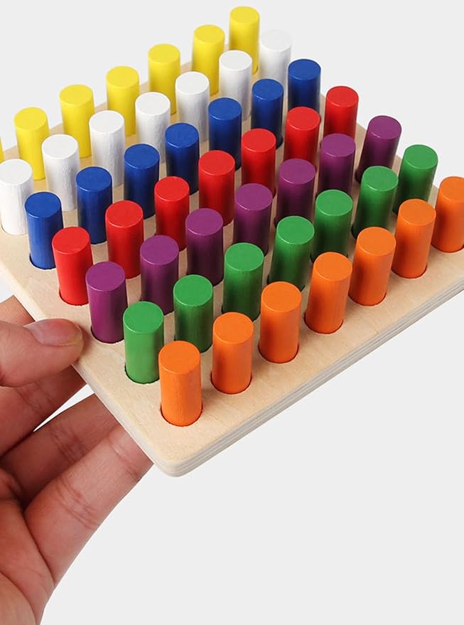 Montessori Wooden Cylindrical Peg Board Toy, Color Recognition, Fine Motor Development