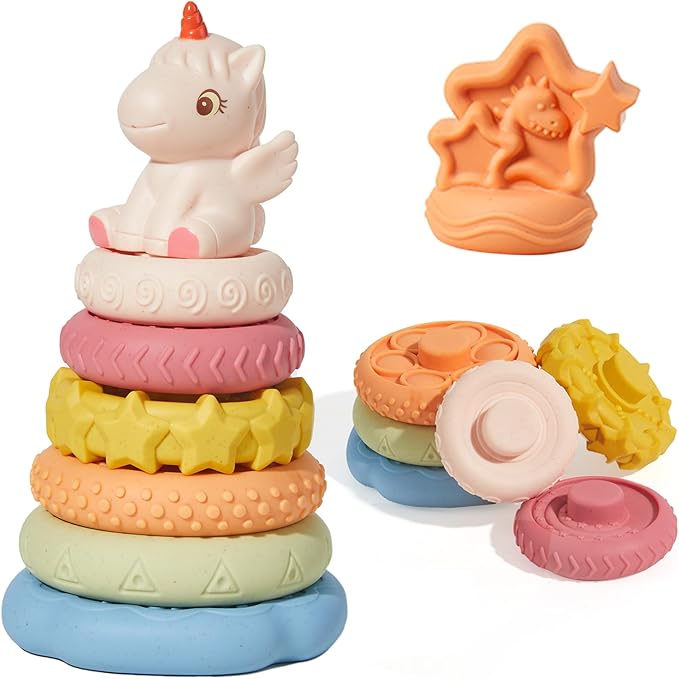 8 Piece Stacking & Nesting Baby Toys, No Hole Stacks of Circles Soft Teething Toy and Building Circle with Pink Horse Figure, Newborn Essentials for 6 12 18 Months Boys Girls