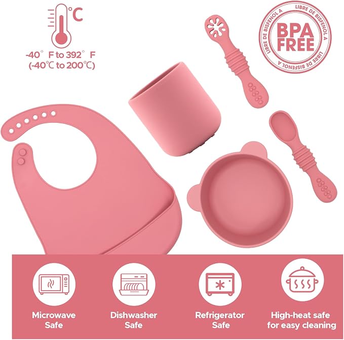 BabyX Silicone Baby Starter Kit, 5 Pieces First Feeding Set, Including Training Spoon, Fork, Cup, Bib and Bear Shaped Bowl (Pink), BPA-Free, Baby Utensils Supplies, Microwave/Dishwasher Safe