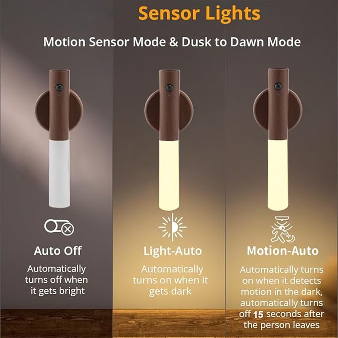 LANDGOO 2-Pack Magnetic Night Light with Motion Sensor, Walnut Wood Cylindrical Rechargeable LED Lamp Set, White Light Only, Portable Bedside Lights for Bedroom Nursery