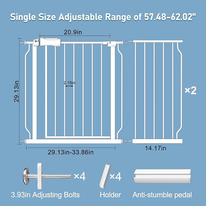 ALLAIBB Extra Wide Pressure Mount Baby Gate Auto Close White Metal Child Dog Pet Safety Gates with Walk Through for Stairs,Doorways,Kitchen and Living Room Suit for 57.48-62.20inch