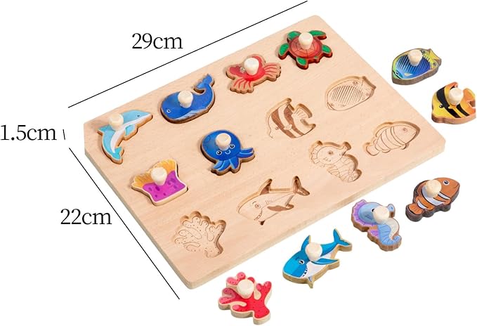 Vaveren Wooden Shapes Puzzle Shape Sorter Board Preschool Hand Eye Coordination Fine Motor Skill for Children Toddlers Birthday Gifts, Marine