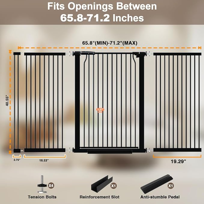41" Extra Tall and Wide Pet Gate, 65.8-71.2 in Baby Gates with Door for Doorways Hallways, Walk Thru Large Dog Gate Indoor, Auto Close Long Child Safety Gates for Kids Puppy Doggie, Black