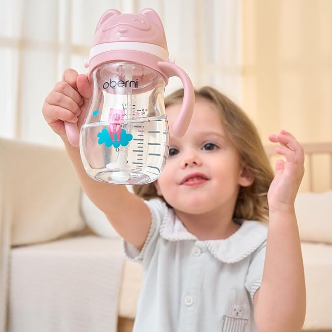 Oberni Tritan Sippy Cup, 270ml/9oz Baby Water Drinking Bottle with Removable Handle and Strap, Leak-Proof Training Cup for 12M+/1 Years+ Toddlers, Green/Pack of 3