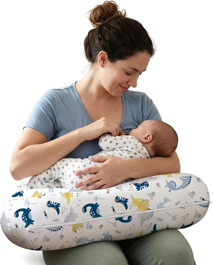 Little Grape Land Ergonomic Nursing Pillow,New Breastfeeding Pillows Support for Mom and Baby,Breathable and Soft with Cute Washable Cover, Multi-Use Feeding Pillow for 0–12 Months, Dinosaur