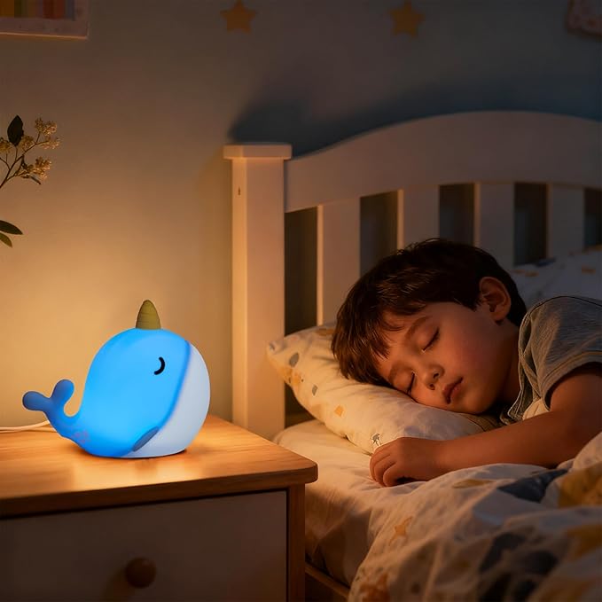 Narwhal Night Light, USB-C Rechargeable Silicone Lamp with Tap Control, 3-Level Dimming & 30-Min Auto Timer, 7-Color Changing Squishy Nursery Light, Birthday Gift for Kids