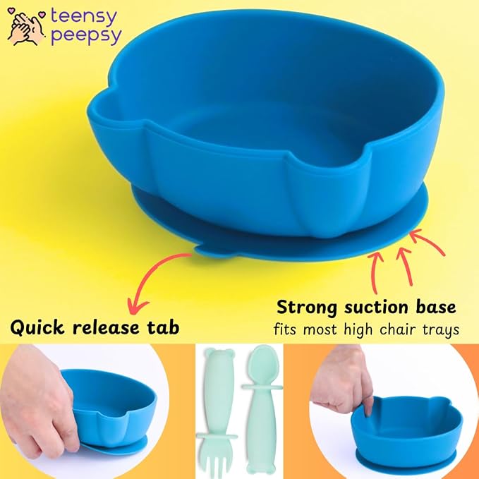 Silicone Bowl Suction with Spoon and Fork for Babies 6 months+ Suction Bowls for Baby Utensils 6-12M+ BLW Baby Essentials Newborn Essentials Must Haves (Aquamarine)
