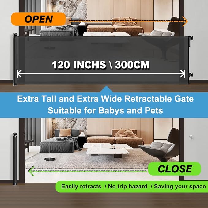Docal 120 Inch Extra Wide Baby Gate for Large Opening Retractable Baby Gates for Doorway Extra Long Dog Gate for The House Outdoor Large Pet Gates for Dog,Mesh Child Gate, Black (Upgraded ver.)