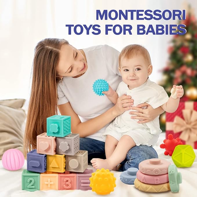 Jyusmile Baby Toys 6-12 Months, Montessori Toy for Babies 6-12 Months, Incl Stacking Building Blocks & Soft Infant Teething Toys & Sensory Balls for Toddlers 0-3-6-9-12 Month