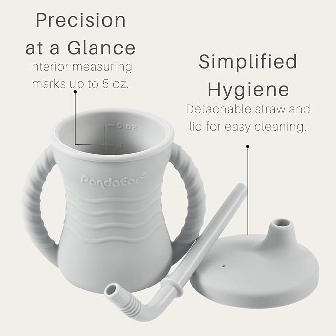 PandaEar Silicone Training Cup, 2 Pack Baby Drinking Sippy Cups with Handles & Straw for Baby and Toddler 6 Months+ (Pink&Grey)