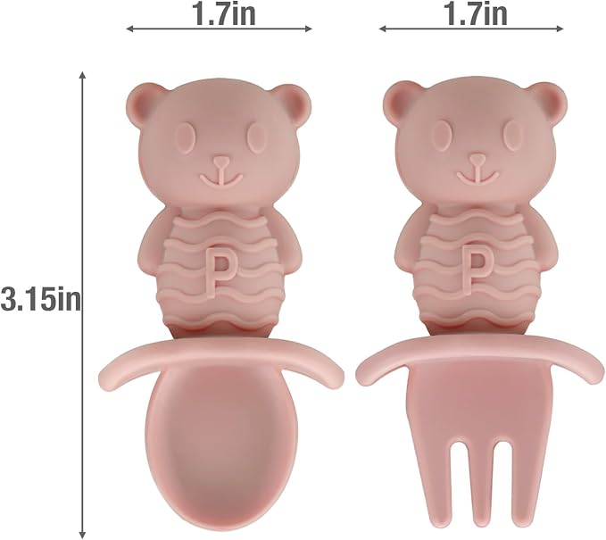 PandaEar 6 Pack Baby Led Weaning Spoons Forks 6+ Months | Silicone Baby Spoons and Fork Self Feeding Utensils, Toddler Infant Anti-Choke Feeding Utensils, Bear Shape (Pink Green Linen)