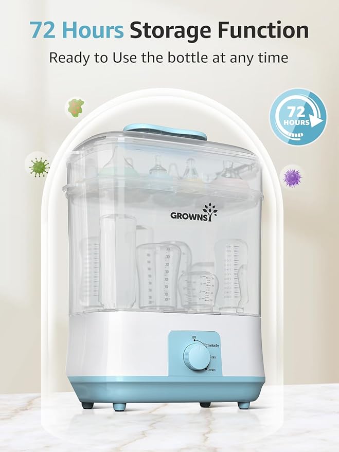 Grownsy Adjustable 4 in 1 Large Bottle Sterilizer and Dryer, 8 Bottles Capacity,Electric Steam Baby Bottle Sterilizer, Sanitizer for Baby Bottles & Pacifiers, Breast Pump Parts Blue
